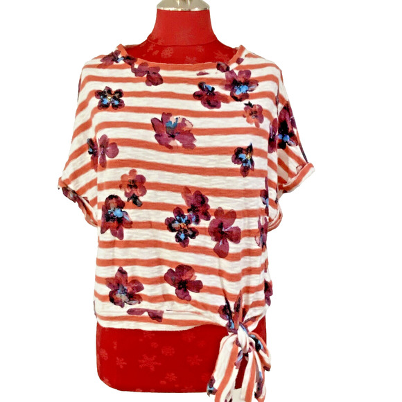 Anthropologie Postage Stamp XS Cropped Tee Shirt Top Red Stripe Floral Tie Waist - Picture 1 of 8